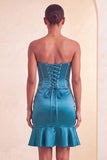 Strapless bodycon Lake Blue kralenbezette korte homecomingjurk met ruches