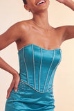 Strapless bodycon Lake Blue kralenbezette korte homecomingjurk met ruches