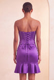 Strapless bodycon Lake Blue kralenbezette korte homecomingjurk met ruches