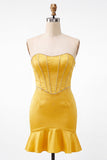 Strapless bodycon Lake Blue kralenbezette korte homecomingjurk met ruches