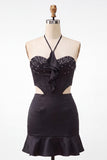 Zwarte halter Cut-Out Bodycon Mini Homecoming Jurk met ruches