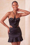 Zwarte halter Cut-Out Bodycon Mini Homecoming Jurk met ruches