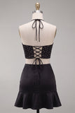 Zwarte halter Cut-Out Bodycon Mini Homecoming Jurk met ruches