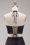 Zwarte halter Cut-Out Bodycon Mini Homecoming Jurk met ruches