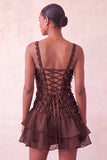 Roze bodycon rucheerige korte paillette homecoming jurk met veter op de rug