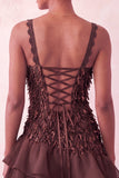 Roze bodycon rucheerige korte paillette homecoming jurk met veter op de rug