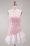 Roze bodycon rucheerige korte paillette homecoming jurk met veter op de rug