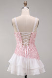 Roze bodycon rucheerige korte paillette homecoming jurk met veter op de rug