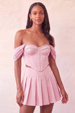 Off-the-shoulder lichtroze korset geplooide 2-delige homecomingjurk met kralen