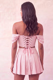 Off-the-shoulder lichtroze korset geplooide 2-delige homecomingjurk met kralen