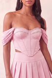 Off-the-shoulder lichtroze korset geplooide 2-delige homecomingjurk met kralen