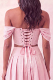 Off-the-shoulder lichtroze korset geplooide 2-delige homecomingjurk met kralen