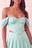 Off-the-shoulder lichtroze korset geplooide 2-delige homecomingjurk met kralen