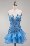 Blauwe strapless pailletten bodycon korte homecomingjurk met gerimpelde jurk