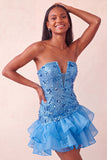 Blauwe strapless pailletten bodycon korte homecomingjurk met gerimpelde jurk