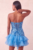 Blauwe strapless pailletten bodycon korte homecomingjurk met gerimpelde jurk