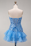 Blauwe strapless pailletten bodycon korte homecomingjurk met gerimpelde jurk