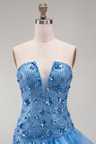 Blauwe strapless pailletten bodycon korte homecomingjurk met gerimpelde jurk