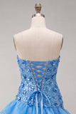 Blauwe strapless pailletten bodycon korte homecomingjurk met gerimpelde jurk