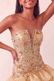Blauwe strapless pailletten bodycon korte homecomingjurk met gerimpelde jurk