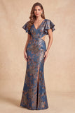 Marineblauwe V-hals zeemeermin Jacquard bloemenjurk met lange formele uitsnijding met split