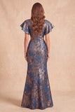 Marineblauwe V-hals zeemeermin Jacquard bloemenjurk met lange formele uitsnijding met split