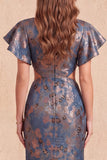 Marineblauwe V-hals zeemeermin Jacquard bloemenjurk met lange formele uitsnijding met split