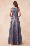 A-lijn marineblauwe jacquard bloemen ronde hals lange formele jurk met gerimpelde jurk