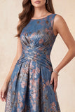 A-lijn marineblauwe jacquard bloemen ronde hals lange formele jurk met gerimpelde jurk
