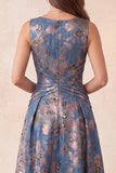 A-lijn marineblauwe jacquard bloemen ronde hals lange formele jurk met gerimpelde jurk