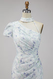 Chiffon Lila Bloemenzeemeermin Lange formele jurk met gerimpelde jurk met split