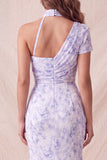 Chiffon Lila Bloemenzeemeermin Lange formele jurk met gerimpelde jurk met split