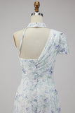 Chiffon Lila Bloemenzeemeermin Lange formele jurk met gerimpelde jurk met split