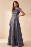 Marineblauwe bloemen A-lijn Jacquard Cut Out Bateau hals lange formele jurk met capmouwen
