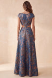 Marineblauwe bloemen A-lijn Jacquard Cut Out Bateau hals lange formele jurk met capmouwen