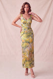Geel bloemen bodycon Dikke bandjes gerimpelde midi formele jurk