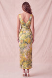 Geel bloemen bodycon Dikke bandjes gerimpelde midi formele jurk