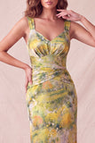 Geel bloemen bodycon Dikke bandjes gerimpelde midi formele jurk