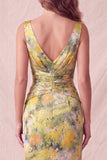 Geel bloemen bodycon Dikke bandjes gerimpelde midi formele jurk