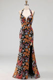 Zwarte pailletten Bloemen Zeemeermin Halter Halshals Lange formele jurk met split