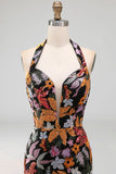 Zwarte pailletten Bloemen Zeemeermin Halter Halshals Lange formele jurk met split