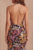 Zwarte pailletten Bloemen Zeemeermin Halter Halshals Lange formele jurk met split