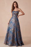 A-Line marineblauwe Jacquard bloemen spaghettibandjes met gerimpelde lange formele jurk