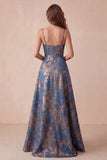 A-Line marineblauwe Jacquard bloemen spaghettibandjes met gerimpelde lange formele jurk