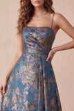 A-Line marineblauwe Jacquard bloemen spaghettibandjes met gerimpelde lange formele jurk