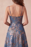 A-Line marineblauwe Jacquard bloemen spaghettibandjes met gerimpelde lange formele jurk