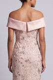 Blush Off the Shoulder Zeemeermin Kralenbekleedde Midi Moeder van de Bruid Jurk