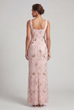 Blush meermin-vierkante hals met gerimpelde lange moeder van de bruid jurk met split