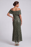 Glinsterende zeemeermin marineblauw off-the-shoulder midi moeder van de bruid jurk met pailletten