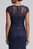 Glinsterende marineblauwe zeemeermin met ronde hals pailletten midi moeder van de bruid jurk met capmouwen
